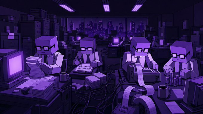 Four block-headed office workers in ties labor late into the night at cluttered desks, with one reviewing a document labeled "SEND MONEY" and another operating a receipt printer that endlessly spools out paper. The purple-lit scene visually echoes the post's "CLOCK IN" theme, depicting token launch preparation as the brokers' overnight shift begins, with stacks of documents and the "OS" (OpenSea) verification narrative tying the image to the project's market debut.