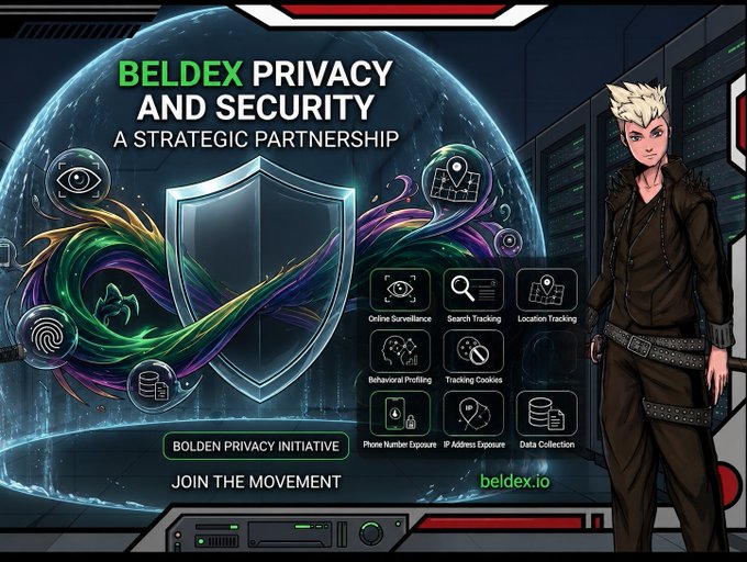 A promotional graphic for 'BELDEX PRIVACY AND SECURITY: A STRATEGIC PARTNERSHIP' featuring a shield icon, a male anime-style character, and icons representing privacy threats like online surveillance, search tracking, location tracking, and data collection, with beldex.io URL.