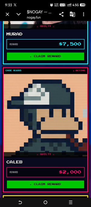 A mobile app screenshot titled 'NOGAY' shows a pixel art character labeled 'CALEB' with 'GUILTY' status, alongside reward sections for 'MURAD' ($7,500) and 'CALEB' ($2,000).