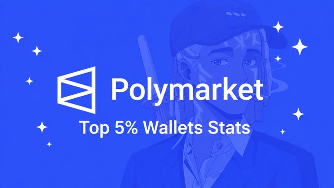 Blue promotional graphic for 'Polymarket' featuring 'Top 5% Wallets Stats' text alongside an anime-style character illustration and decorative sparkles.