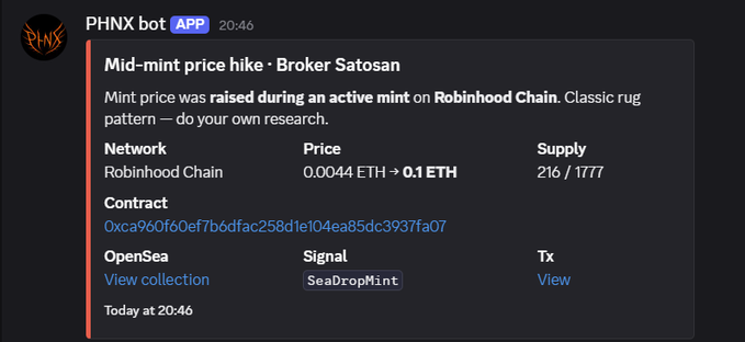 A digital alert or notification from 'PHNX bot' titled 'Mid-mint price hike · Broker Satoshi', warning of a rug pull pattern on Robinhood Chain where the mint price jumped from 0.0044 ETH to 0.1 ETH.