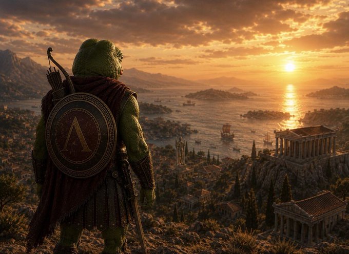 A green reptilian warrior wearing a red cape and carrying a shield with a Greek letter 'A' (for Assassin's Creed) stands overlooking an ancient Greek coastal city at sunset, with classical temples and ships visible below.