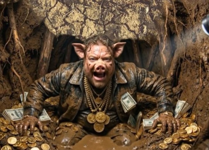 An AI-generated or stylized image of a man with pig-like features (snout and ears) wearing gold chains, emerging from a muddy hole surrounded by stacks of cash and gold coins.
