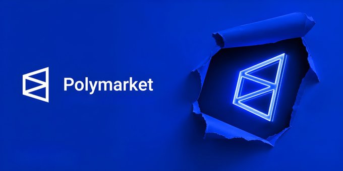 A blue promotional graphic displays the Polymarket logo next to a glowing blue triangular emblem emerging through torn paper.