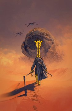 A fantasy artwork depicts a figure in a black robe standing in a desert, facing a giant sand worm emerging from the dunes with a golden pattern running down its back, while flying creatures soar in the orange sky.