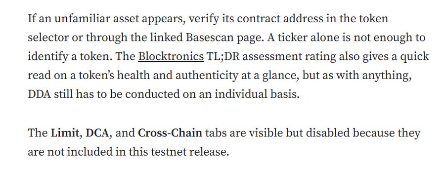 The image shows text about the Gyndore testnet launch, advising users to verify unfamiliar asset contract addresses via the token selector or Basescan, and noting the Blocktronics TL;DR assessment rating for quick token health checks. It also mentions that Limit, DCA, and Cross-Chain tabs are disabled in this testnet release, which relates to the accompanying post about Gyndore's testnet launch featuring Blocktronics ratings on tradable assets.