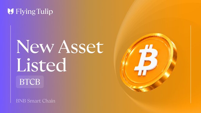 A promotional graphic from Flying Tulip announcing a new asset listing, featuring the headline "New Asset Listed BTCB" and "BNB Smart Chain" alongside a gold Bitcoin coin emblem on an orange and purple gradient background. The image visually reinforces the announcement of BTCB's launch on Flying Tulip Lend, highlighting its availability for lending and trading on BNB Smart Chain.
