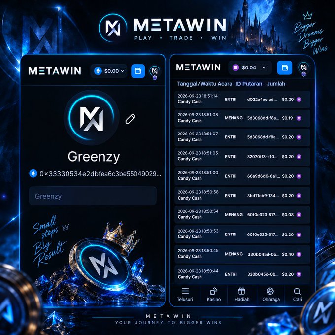 A promotional graphic for 'METAWIN' online casino platform displaying a user profile 'Greenzy' with wallet address and transaction history in Indonesian, tagged 'PLAY · TRADE · WIN' and 'Bigger Dreams Bigger Wins'.