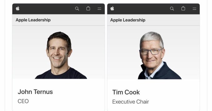 Apple's leadership page showing John Ternus as CEO and Tim Cook as Executive Chair, each in separate profile cards.