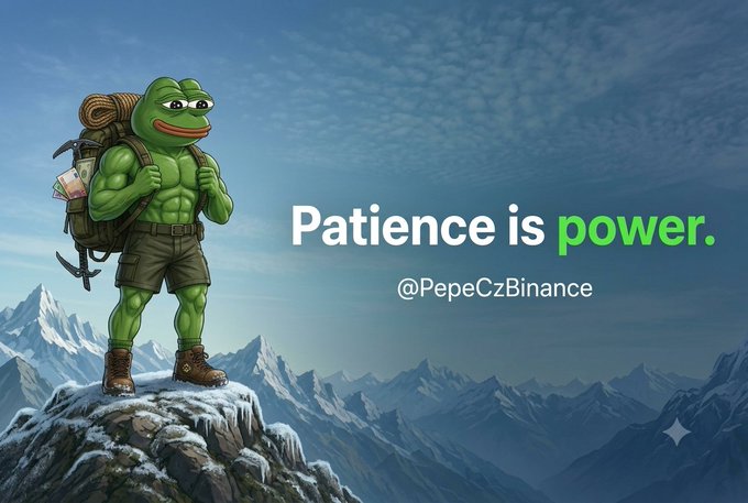 A motivational graphic featuring a muscular cartoon Pepe frog equipped with climbing gear standing on a mountain peak, accompanied by the text 'Patience is power.' and '@PepeCzBinance'.