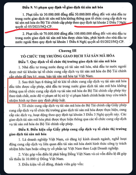 The image shows a Vietnamese legal document titled "Biểu 9" detailing penalties for cryptocurrency exchange violations, with fines ranging from 30,000,000 VND to 100,000,000 VND for unauthorized trading of encrypted/digital assets, along with Chapter III regulations on organizing cryptocurrency exchanges. The highlighted and underlined portions emphasize that individuals trading on unauthorized foreign exchanges could face administrative penalties under Vietnam's Resolution 05/2025/NQ-CP, directly supporting the post's warning about fines for trading on international exchanges.