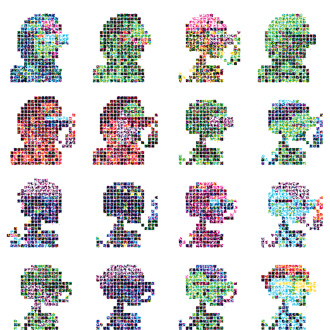 A grid of 16 colorful, pixelated character sprites arranged in a 4x4 layout against a white background, each appearing to be variations of figures holding weapons.