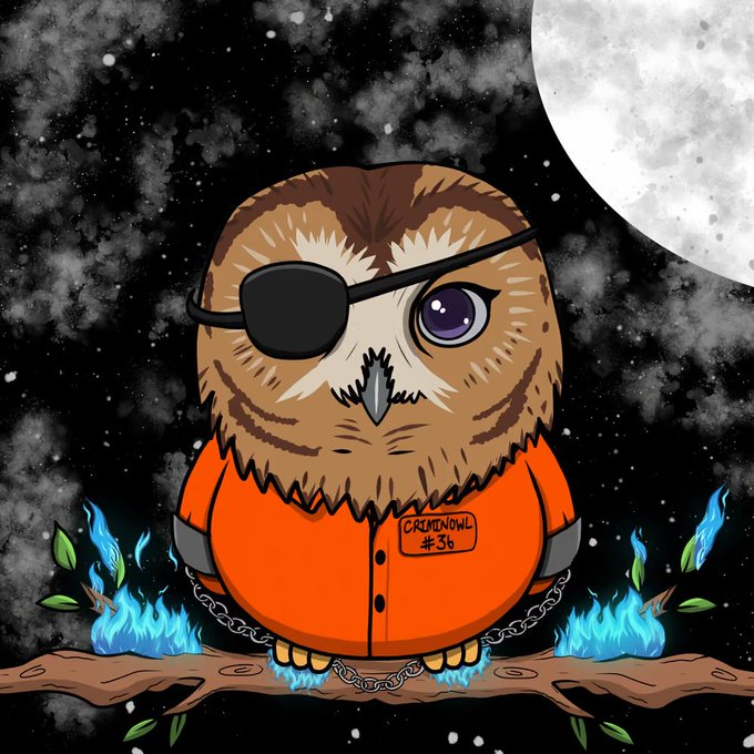 A digital illustration of an owl wearing an orange prison jumpsuit labeled 'CRIMENDOWL #36' and an eye patch, perched on a branch against a space background with a large moon.