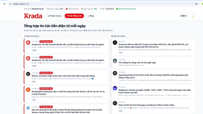 Screenshot of the Vietnamese cryptocurrency news website xrada.com displaying market news in Vietnamese.