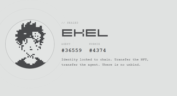 A digital ID card for an agent named 'EXEL' (Agent #36559, Normie #4374) features a pixelated character portrait and the text 'Identity locked to chain. Transfer the NFT, transfer the agent. There is no unbind.'