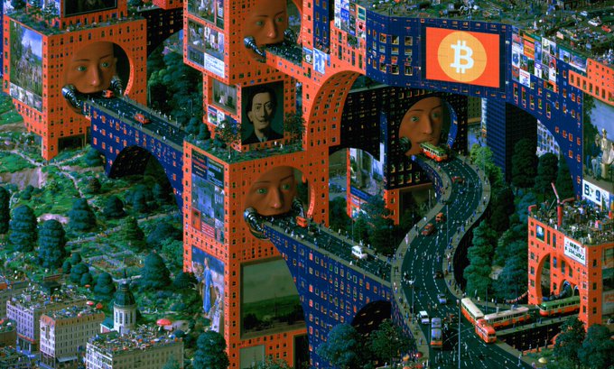A surreal, Escher-inspired collage featuring red and blue archways filled with screens showing faces, Bitcoin logos, highways, and cityscapes.