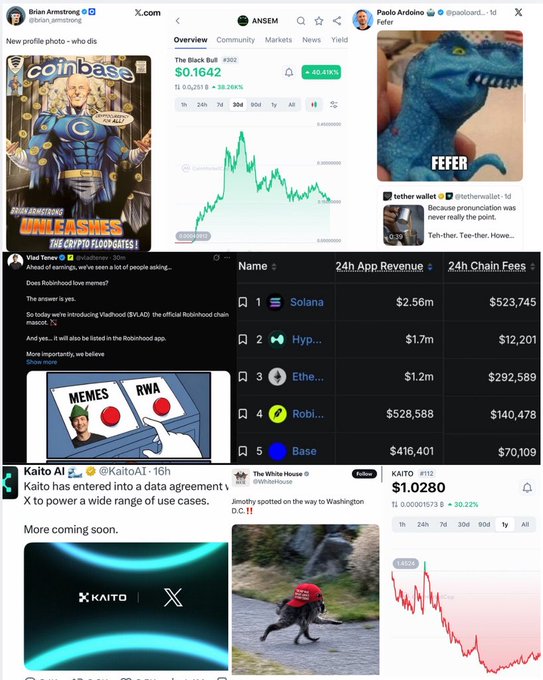 A collage of crypto-related social media posts and market data, featuring mentions of Coinbase, Robinhood, ANSEM, 'The Black Bull' at $0.1642 (+40.41%), and a 24h App Revenue list led by Solana ($2.56m).