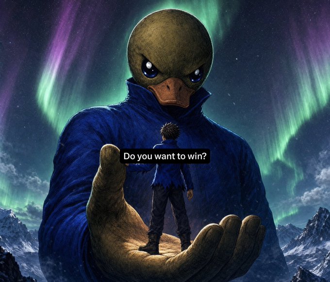 A giant duck-like figure cradles a small human in its palm beneath a vibrant aurora borealis, with the text "Do you want to win?" overlaid on the scene—symbolizing the post's invitation to join the "$EPIK" circle and take part in its promising future.