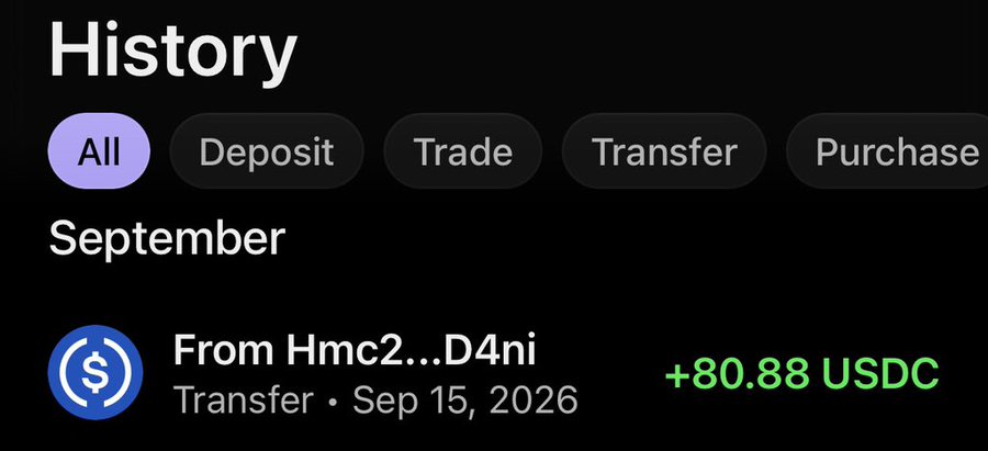 A transaction history interface shows a transfer of +80.88 USDC received on September 15, 2026, from "Hmc2...D4ni". The image aligns with the post's theme of effortless crypto earnings, visually representing the unexpected money arriving in the user's wallet.
