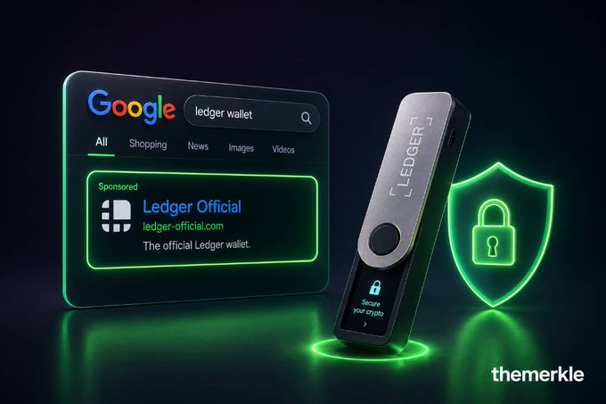 A Google search result for "ledger wallet" displays a sponsored "Ledger Official" link (ledger-official.com), shown alongside a physical Ledger hardware wallet and a green security shield icon, illustrating how fake Ledger sites have appeared at the top of Google search results to deceive users.