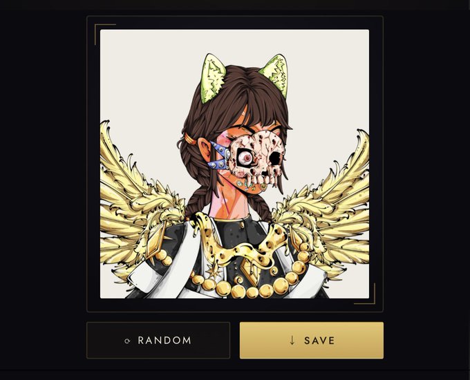 A digital character creation screen showing an avatar with cat ears, a skull mask, and gold wings, with 'RANDOM' and 'SAVE' buttons below.