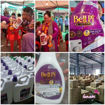 A collage showing a promotional event for 'Bell Pi Creampak' detergent, featuring a woman with a marigold garland receiving products, close-ups of the detergent bottle with 'NƯỚC GIẶT XẢ 4 IN 1' labeling, and a warehouse filled with stacked boxes.