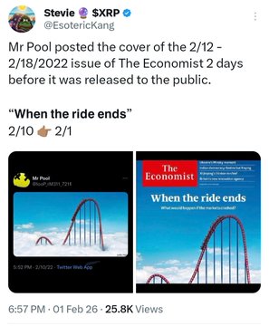 The image is a tweet from Stevie (@EsotericKang) showing that Mr. Pool posted "When the ride ends 2/10" on Twitter two days before The Economist's 2/12-2/18/2022 issue featured the same "When the ride ends" cover with a roller coaster illustration, suggesting a predictive connection between the two posts regarding $XRP.