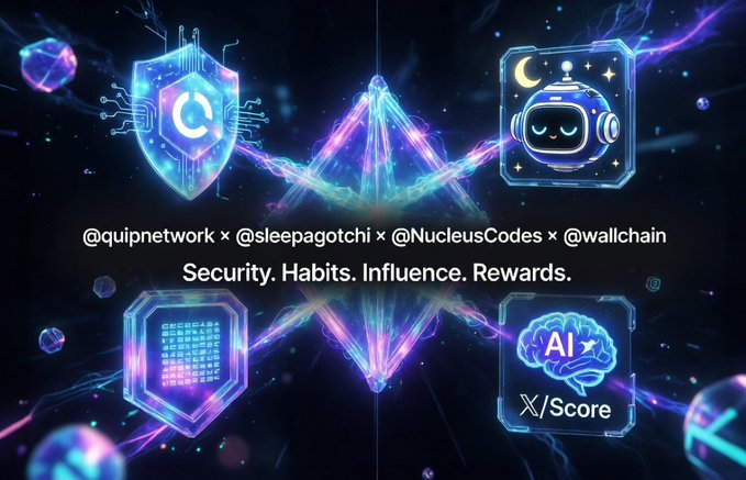 The image features a promotional post for Quip Network's security service. The background of the image is black, which contrasts with the blue and purple elements that are used to represent the different aspects of the security service. There are four distinct symbols on the image, each representing a different aspect of the security service: a shield symbolizing protection, a robot symbolizing vigilance, an AI symbolizing threat detection, and a brain symbolizing intelligence. The text "**Here'S a strong promotional post:** @quipnetwork delivers post-quantum security to protect the future of blockchain. @sleepagotchi gamifies healthy sleep, turning rest into rewarding onchain habits with $SLEEP. @NucleusCodes". Focus on what is in the image and how it relates to the post."