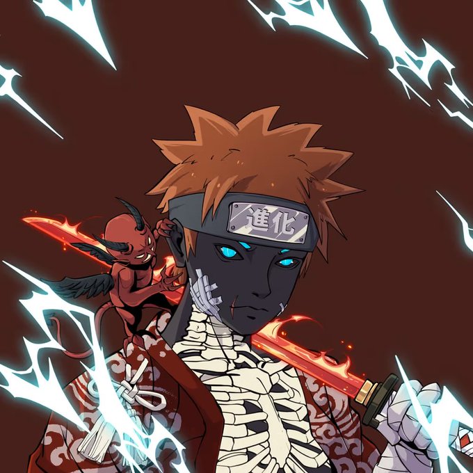 An anime-style illustration of a ninja character with spiky orange hair, a headband featuring the kanji '進化' (evolution), glowing blue eyes, and bandages, wielding a flaming sword with a small red demon perched on his shoulder.