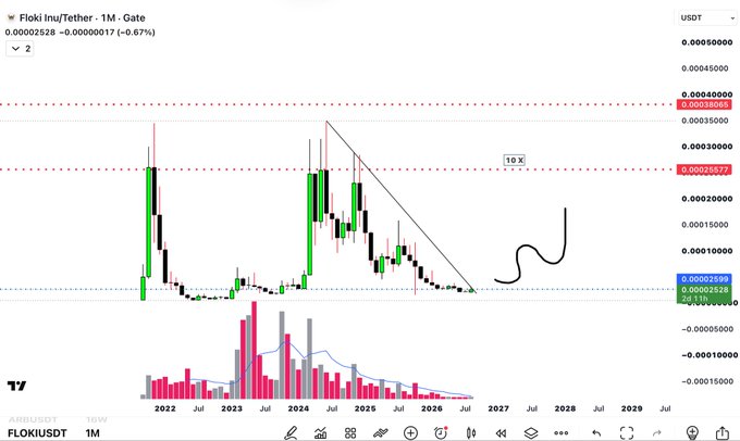 A TradingView 1-month candlestick chart for FLOKI/USDT showing a descending triangle pattern with handwritten '10x' annotation and a bullish breakout projection toward 0.0002557-0.0003806.
