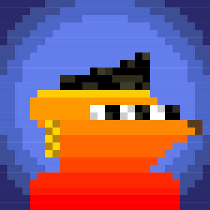 A pixel art image showing a profile of a character wearing an orange and yellow hat or helmet against a blue background.