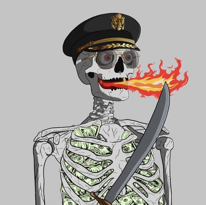 A digital illustration of a skeleton wearing a military officer's cap and sunglasses, breathing fire, holding a machete, and displaying a ribcage filled with US dollar bills.