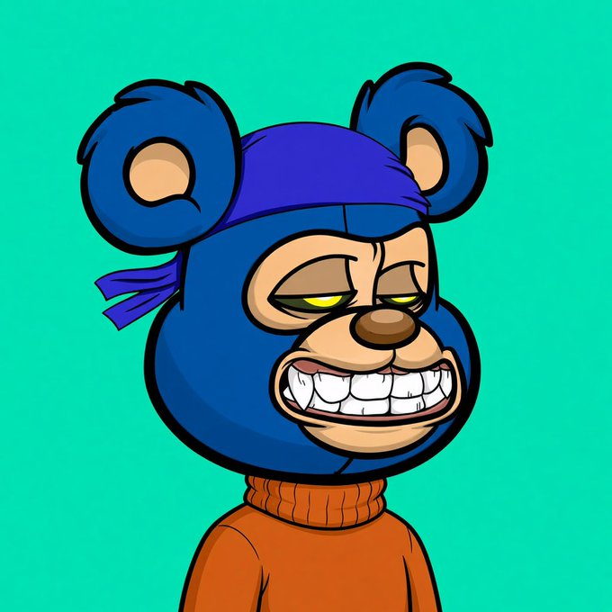 A cartoon character wearing a blue bear suit with the ears on top and an orange turtleneck sweater, displaying a wide, toothy grin on a solid teal background.