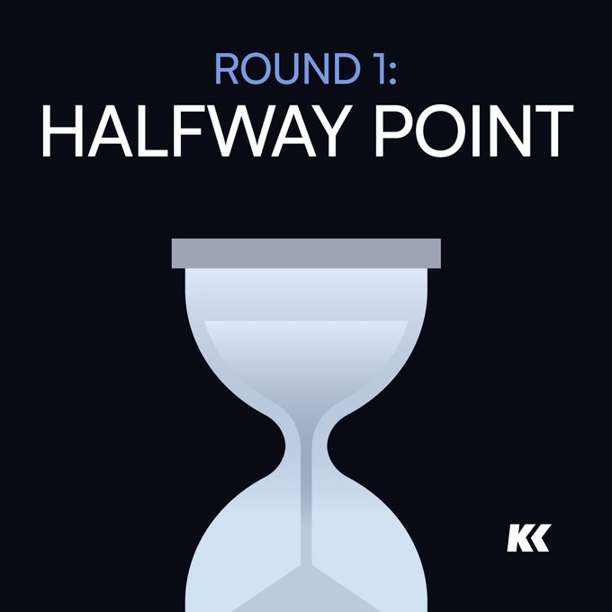 Graphic titled 'ROUND 1: HALFWAY POINT' featuring an illustration of an hourglass with sand partially fallen, branded with a 'KK' logo in the corner.