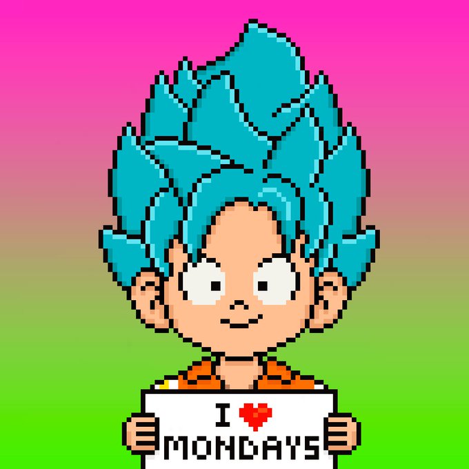 A pixel art illustration of a character with spiky blue hair holding a sign that reads 'I ❤ MONDAYS' against a pink and green gradient background.