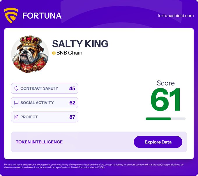 A FortunaShield review card for SALTY KING (BNB Chain) displays an overall score of 61/100, with breakdown scores of 45 for Contract Safety, 62 for Social Activity, and 87 for Project, alongside a "Token Intelligence – Explore Data" button. The image visually supports the accompanying post by presenting the platform's scoring metrics and disclaimer that Fortuna is not endorsing or encouraging investment in the token.