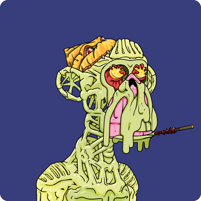 A grotesque green mutant creature with an exposed brain, a small orange dinosaur-like head emerging from its skull, flaming eyes, and a spear piercing through its mouth, capturing the bizarre and unsettling aesthetic of the Mutant NFT collection purchased for 1.438 ETH.