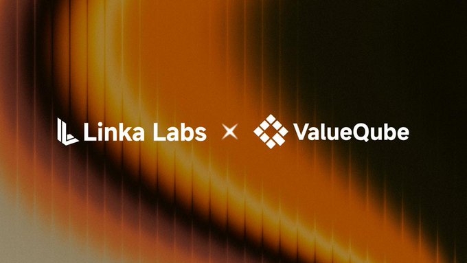 The image displays a partnership announcement graphic featuring the "Linka Labs × ValueQube" logos on a dark background with orange light streaks, visually representing the collaboration between the two companies to provide decentralized memory and context infrastructure for AI agents.