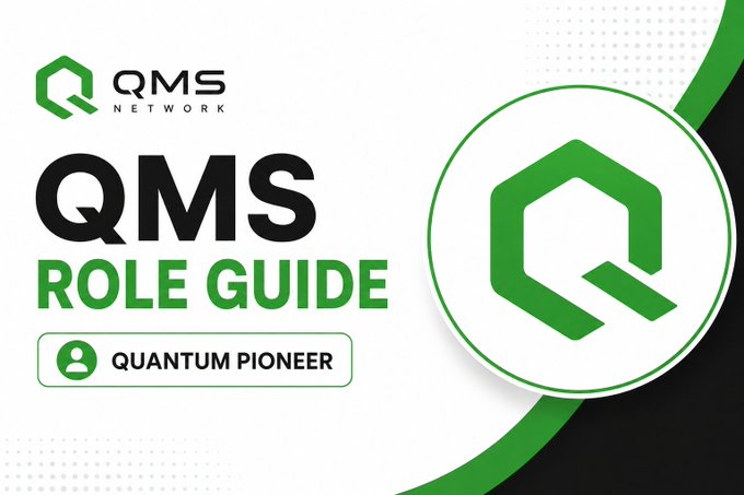 A graphic displaying the QMS Network logo with the text 'QMS ROLE GUIDE' and 'QUANTUM PIONEER' in green and black.