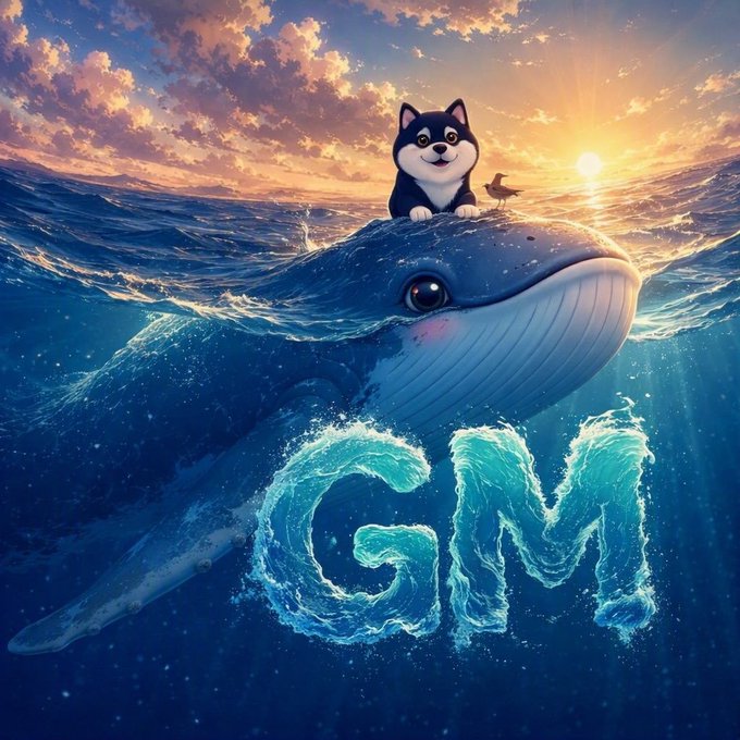 A digital artwork showing a small black and white Shiba Inu dog riding on the back of a large blue whale in the ocean, with the letters 'GM' formed from splashing water beneath them at sunset.