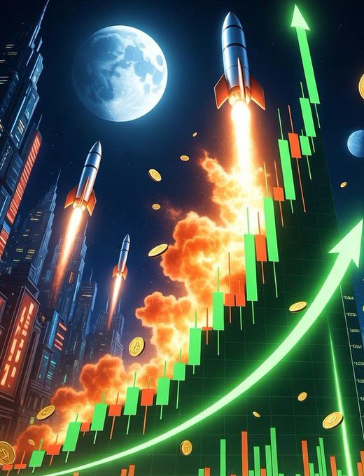 A vibrant digital illustration combining financial and sci-fi themes, showing rockets launching alongside green and red stock market candlestick charts, gold coins, and an upward-pointing green arrow against a backdrop of a full moon and a futuristic city.