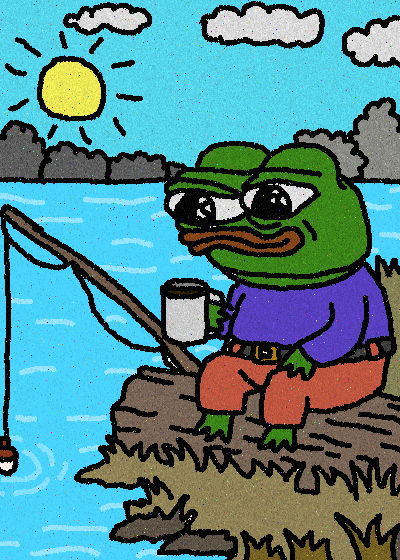 A cartoon drawing of a sad-looking Pepe the Frog fishing by a lake while holding a mug, under a sunny day with clouds.