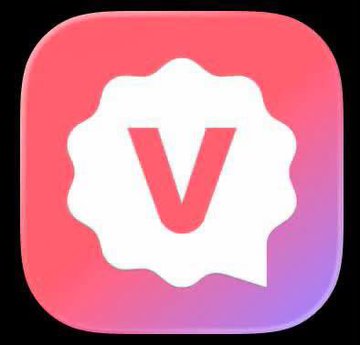 App icon featuring a white scalloped badge with a pink "V" letter on a pink-to-purple gradient background.