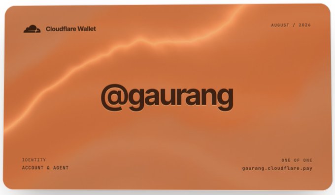 A digital Cloudflare Wallet card displays the handle "@gaurang" against an orange, wavy-textured background, dated August 2026. The card is labeled "Account & Agent" with "gaurang.cloudflare.pay" shown as a unique web3 identifier, illustrating the user's newly reserved Cloudflare Wallet username.