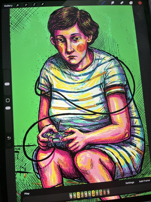 A vibrant digital illustration displayed on a tablet screen depicts a young boy with dark hair playing a video game, rendered with bright colors and expressive line work against a green background.