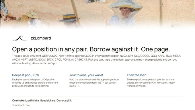 A promotional image for zkLombard featuring text about opening positions in pairs against WETH/USDC and minting against US Dollar in pairs like NVDA, SPY, GLD, GOOGL, QQQ, AAPL, TSLA, META, AMZN, MSFT, cbBTC, SOLV, SPCX, CRCL, PONS, AI, CASHCAT.