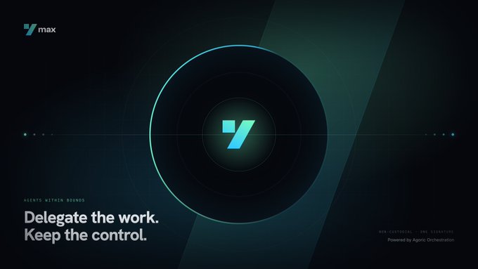 A dark tech-themed promotional graphic for 'max' (Powered by Agoric Orchestration) with the tagline 'Delegate the work. Keep the control.'