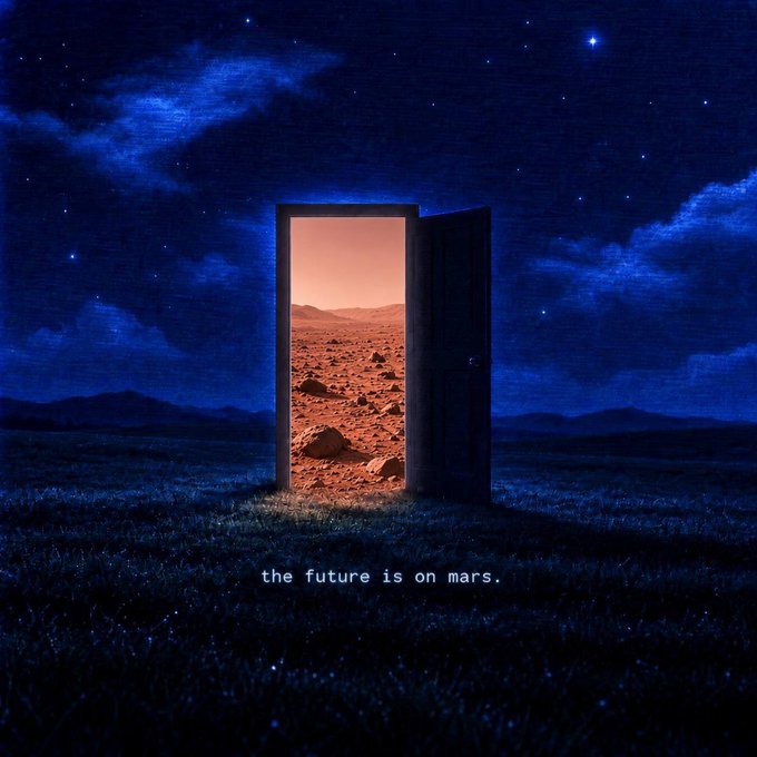 A surreal digital artwork showing a doorway standing in a dark, starry field at night, with the door open to reveal a Martian landscape, accompanied by the text 'the future is on mars.'