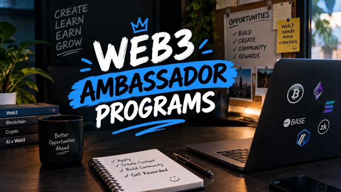 A promotional banner for "Web3 Ambassador Programs" showing a laptop with blockchain/crypto logos, a notebook, and text about creating, learning, and earning.