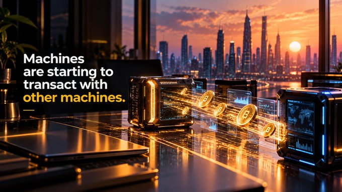 a futuristic digital illustration of glowing devices on a desk with a sunset cityscape in the background, overlaid with the text "Machines are starting to transact with other machines."